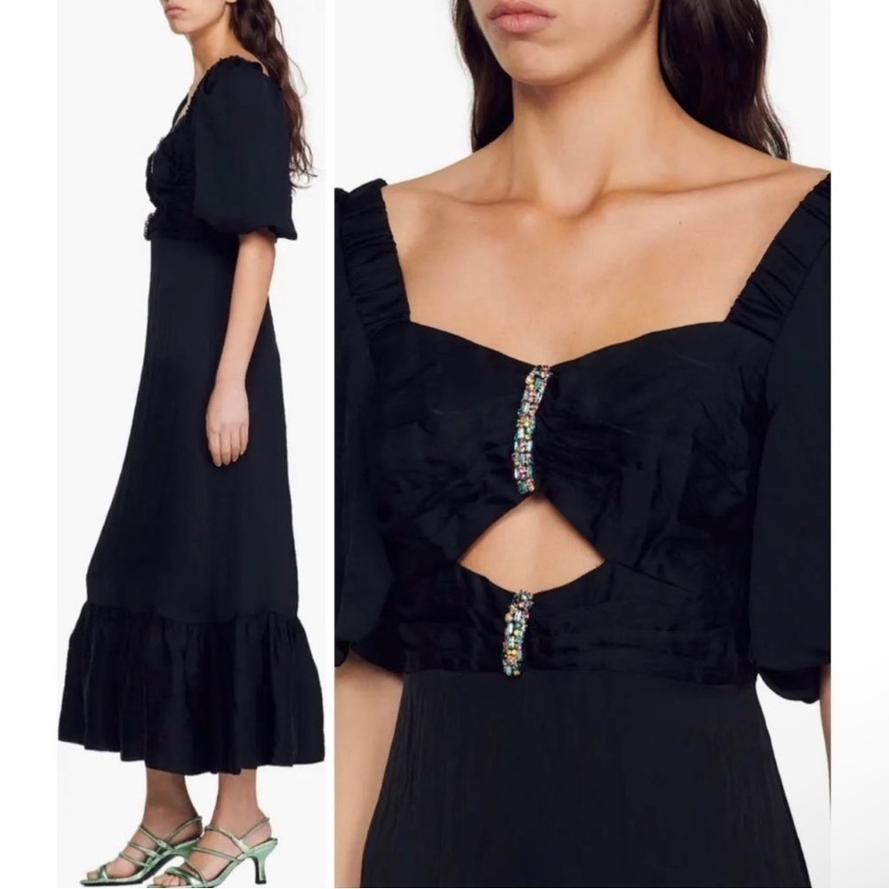 NWT SANDRO Falbala Rhinestone Embellished Cutout Midi Dress Black 6 - Picture 3 of 16